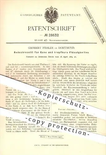 original Patent - Giesbert Pähler in Dortmund , 1884 , Reduzierventil für Gase und tropfbare Flüssigkeiten , Ventil !!!
