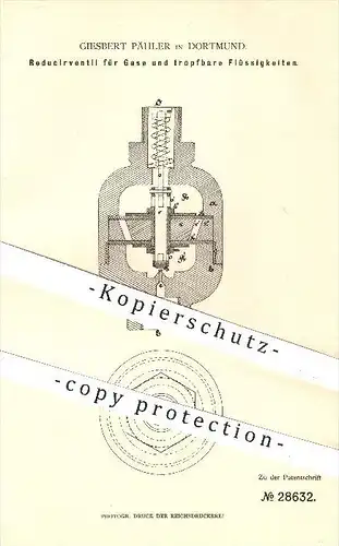 original Patent - Giesbert Pähler in Dortmund , 1884 , Reduzierventil für Gase und tropfbare Flüssigkeiten , Ventil !!!