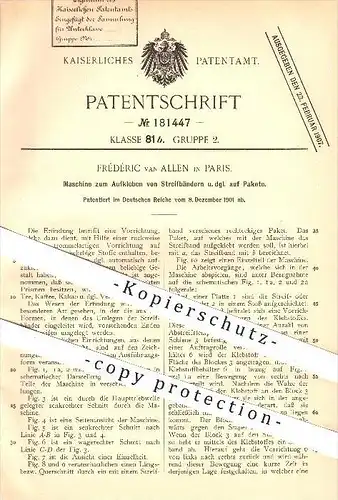 original Patent - Frédéric van Allen in Paris , 1901 , Aufkleben von Streifbändern auf Pakete , Klebeband , Etiketten !!