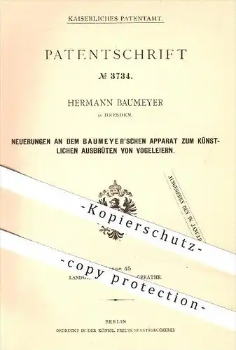 original Patent - Hermann Baumeyer , Dresden , 1878, künstliches Ausbrüten von Vogeleiern , Vogel , Vögel , Tier , Tiere