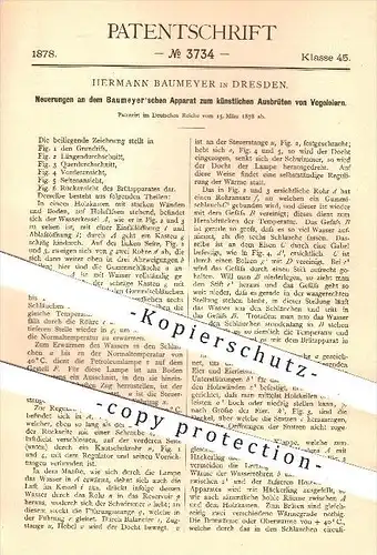 original Patent - Hermann Baumeyer , Dresden , 1878, künstliches Ausbrüten von Vogeleiern , Vogel , Vögel , Tier , Tiere