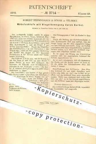 original Patent - Robert Berninghaus & Söhne in Velbert , 1878 , Möbelschloss mit Riegelbewegung , Möbel , Schloss !!!