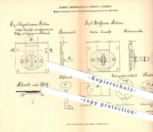 original Patent - Robert Berninghaus & Söhne in Velbert , 1878 , Möbelschloss mit Riegelbewegung , Möbel , Schloss !!!