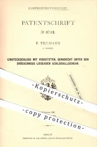 original Patent - F. Tillmann in Hagen , 1878 , Einsteckschloss , Schloss , Schlösser , Türschloss , Tür , Schlosser !