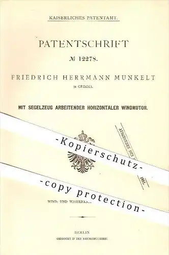 original Patent - Friedrich H. Munkelt , Grimma , 1880 , Mit Segelzeug arbeitender horizontaler Windmotor , Windkraft !!