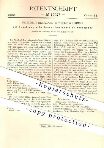 original Patent - Friedrich H. Munkelt , Grimma , 1880 , Mit Segelzeug arbeitender horizontaler Windmotor , Windkraft !!
