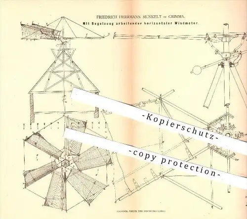 original Patent - Friedrich H. Munkelt , Grimma , 1880 , Mit Segelzeug arbeitender horizontaler Windmotor , Windkraft !!