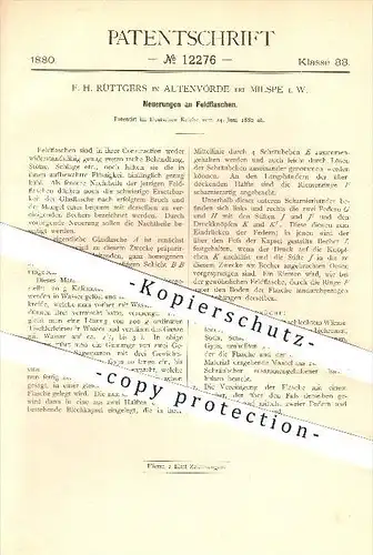 original Patent - F. H. Rüttgers , Altenvörde bei Milspe , 1880 , Feldflasche , Feldflaschen , Flasche , Flaschen , Glas