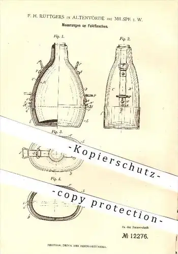 original Patent - F. H. Rüttgers , Altenvörde bei Milspe , 1880 , Feldflasche , Feldflaschen , Flasche , Flaschen , Glas