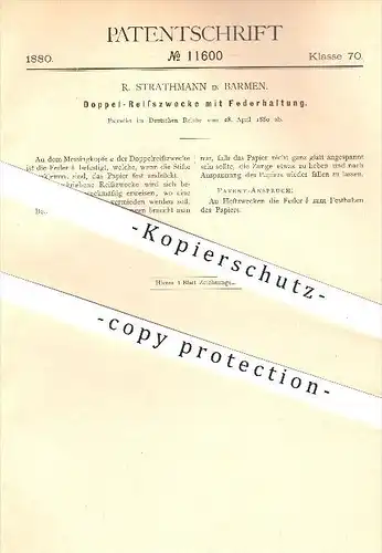 original Patent - R. Strathmann in Barmen , 1880 , Doppel - Reisszwecke mit Federhaltung , Schreibmaterialien , Büro !!