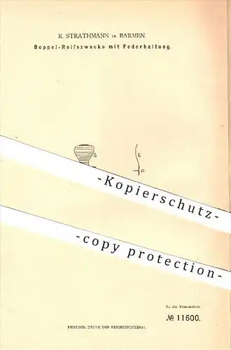 original Patent - R. Strathmann in Barmen , 1880 , Doppel - Reisszwecke mit Federhaltung , Schreibmaterialien , Büro !!