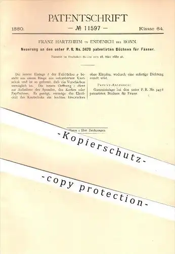 original Patent - Franz Hartzheim , Endenich bei Bonn , 1880 , Büchsen für Fässer , Fass , Büchse , Ausschank !!!