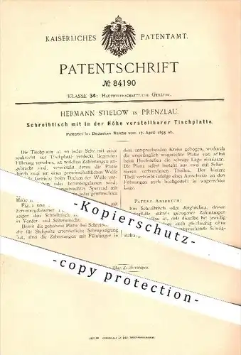 original Patent - Hermann Stielow in Prenzlau , 1895 , Schreibtisch mit verstellbarer Tischplatte , Tisch , Tische !!