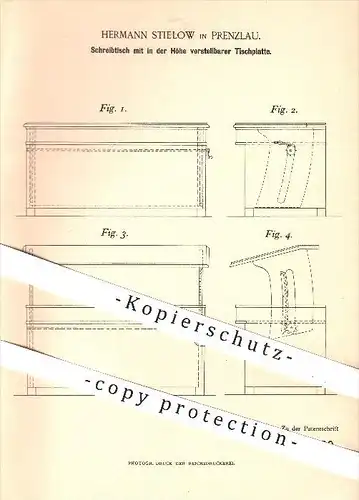 original Patent - Hermann Stielow in Prenzlau , 1895 , Schreibtisch mit verstellbarer Tischplatte , Tisch , Tische !!