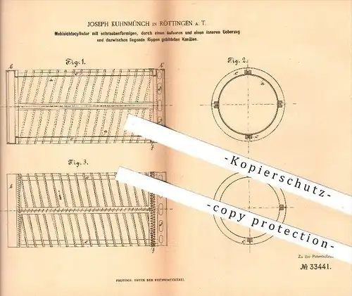 original Patent - Joseph Kuhnmünch in Röttingen , 1885 , Mehlsichtezylinder , Mehl , Mühle , Mühlen , Müller , Mahlgut
