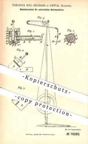 original Patent - Theophil Dill - Richard , Liestal , Schweiz , 1894 , Winkelhandstück für Zahnarzt - Bohrmaschinen !!!