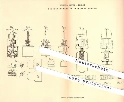 original Patent - Wilhelm Effer , Berlin , 1879 , Gas - Selbstzünder , Zünder , Flamme , Feuer , Brenner , Gasbereitung