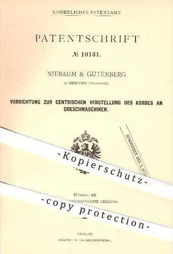 original Patent - Niebaum & Gutenberg , Herford ,1880, Verstellen vom Korb an Dreschmaschine , Dreschen , Landwirtschaft