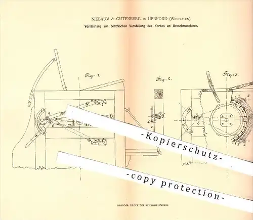 original Patent - Niebaum & Gutenberg , Herford ,1880, Verstellen vom Korb an Dreschmaschine , Dreschen , Landwirtschaft