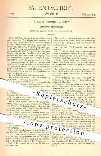 original Patent - August Krimmel in Zeitz , 1878 , Kombinierte Holzdrehbank , Drehbank , Dreher , Drehen , Holz !!!