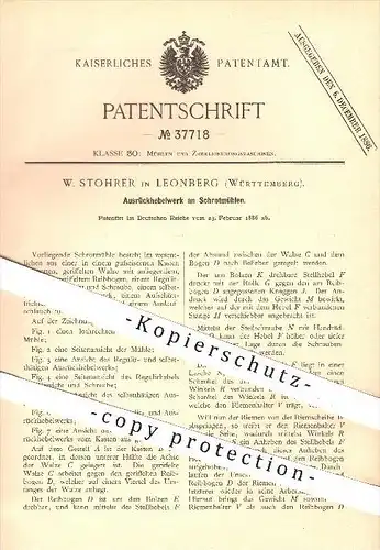 original Patent - W. Stohrer in Leonberg , 1886 , Ausrückhebelwerk an Schrotmühlen , Mühle , Mühlen , Schrot , Getreide