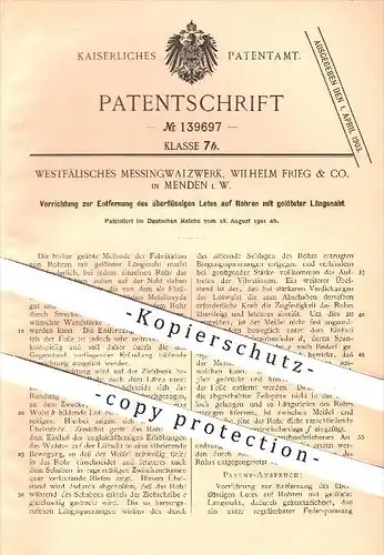 original Patent - Westfälisches Messingwalzwerk , Wilhelm Frieg & Co. , Menden , 1901 , Entfernung von Lot , Löten !!!