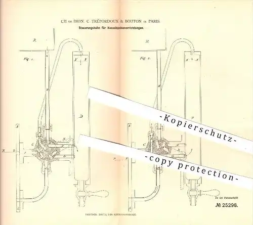 original Patent - C'te de Dion , C. Trépordoux & Bouton , Paris , 1883 , Steuerungshahn für Kessel , Dampfkessel !!!