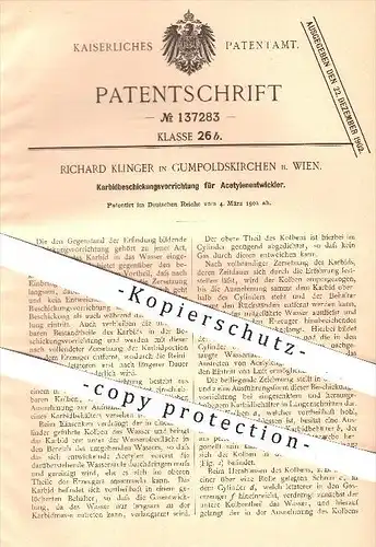 original Patent - R. Klinger in Gumpoldskirchen bei Wien , 1902 , Karbidbeschickungsvorrichtung für Acetylenentwickler !