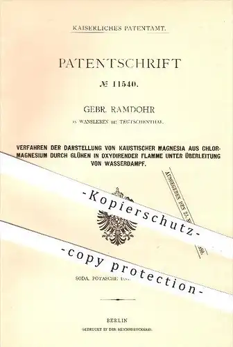 original Patent - Gebr. Ramdohr , Wansleben , Teutschenthal ,1879, Darstellung von kaustischer Magnesia , Chlormagnesium