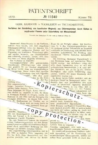 original Patent - Gebr. Ramdohr , Wansleben , Teutschenthal ,1879, Darstellung von kaustischer Magnesia , Chlormagnesium