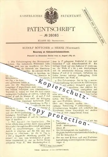 original Patent - Rudolf Böttcher in Herne , 1883 , Koksausdrückmaschinen , Koks , Kohlen , Briketts , Brennstoffe !!!