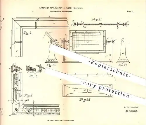 original Patent - Armand Mauchain in Genf , Schweiz , 1884 , Verschiebbarer Bilderrahmen , Bild , Bilder , Rahmen , Foto