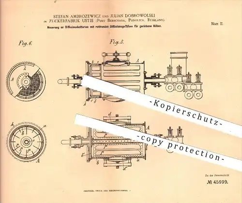 original Patent - S. Ambrozewicz , J. Dobrowolski , Zuckerfabrik Ustie , Berschada , 1888 , Diffusionsbatterien , Zucker
