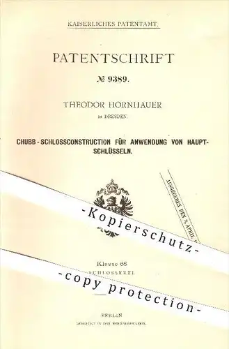 original Patent - T. Hornhauer , Dresden , 1879 , Chubb - Schlosskonstruktion für Hauptschlüssel , Schloss , Türschloss