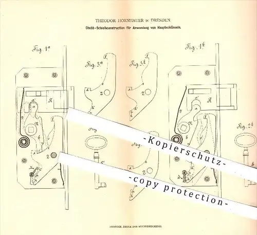 original Patent - T. Hornhauer , Dresden , 1879 , Chubb - Schlosskonstruktion für Hauptschlüssel , Schloss , Türschloss
