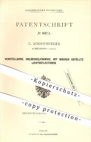 original Patent - C. Rödenberger , Heilbronn , Neckar , 1879, mit Wasser gefüllte Lichtreflektoren , Lampe , Beleuchtung