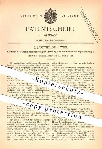 original Patent - E. Bardtholdt in Wien , 1886 , Hebelblockierung für Weichen , Eisenbahn , Lokomotive , Signal !!!