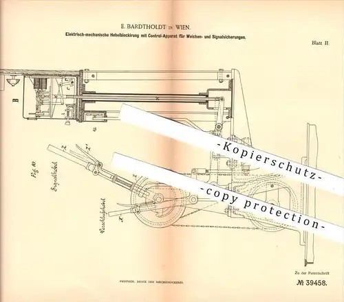 original Patent - E. Bardtholdt in Wien , 1886 , Hebelblockierung für Weichen , Eisenbahn , Lokomotive , Signal !!!