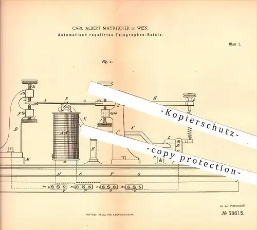original Patent - Carl A. Mayrhofer in Wien , 1886 , Telegraphen - Relais , Telegraph , Strom , Elektromagnet , Magnet !