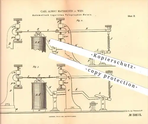 original Patent - Carl A. Mayrhofer in Wien , 1886 , Telegraphen - Relais , Telegraph , Strom , Elektromagnet , Magnet !