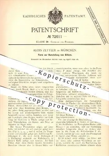 original Patent - Alois Zettler in München , 1892 , Form zur Herstellung von Gittern , Gitter , Gießerei , Formen !!!