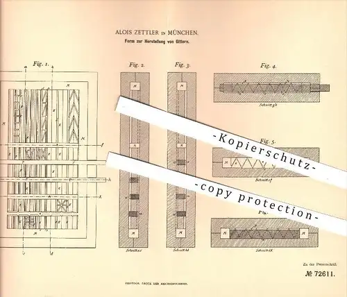 original Patent - Alois Zettler in München , 1892 , Form zur Herstellung von Gittern , Gitter , Gießerei , Formen !!!