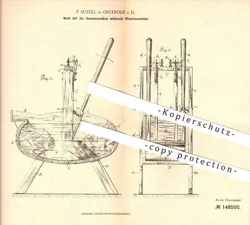 original Patent - F. Austel in Osterode a. H. , 1902 , Waschmaschine , Waschen , Wäsche , Hammerwalken , Haushalt !!!