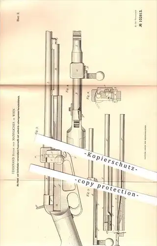 original Patent - Ferdinand Ritter von Mannlicher in Wien , 1898 , Feuerwaffe , Waffe , Waffen , Gewehr , Geschosse !!!