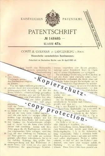 original Patent - Conze & Colsmann in Langenberg i. Rhld. , 1903 , Riemscheibe veränderlichen Durchmessers , Fahrzeugbau