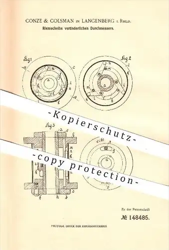 original Patent - Conze & Colsmann in Langenberg i. Rhld. , 1903 , Riemscheibe veränderlichen Durchmessers , Fahrzeugbau