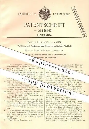 original Patent - Barthel Langen , Mainz ,1901, Erzeugung von natürlicher Waldluft , Duft , Luft , Latschenkiefer , Wald