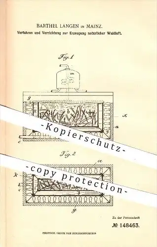 original Patent - Barthel Langen , Mainz ,1901, Erzeugung von natürlicher Waldluft , Duft , Luft , Latschenkiefer , Wald