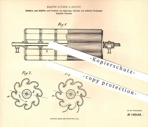 original Patent - Martin Luther in Erfurt , 1902 , Trommel zum Trocknen von Samen , Getreide , Saatgut , Saat !!!