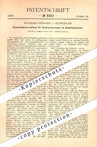 Original Patent  - Wilhelm Gerhard in Dudweiler bei Saarbrücken , 1878 , Steuerung für Dampfmaschine , Trier !!!